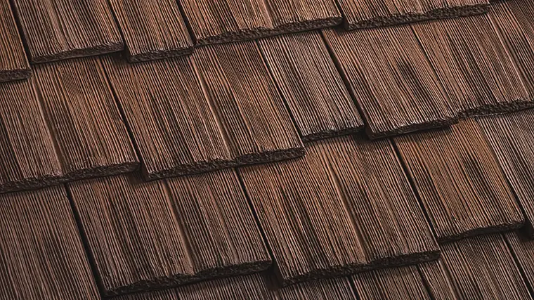 CeDUR Live Oak synthetic cedar shake, a warm red-brown with deep molded wood grain