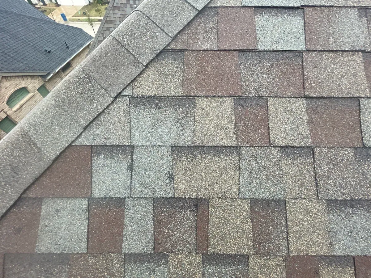 Close-up of hail damage on asphalt shingles