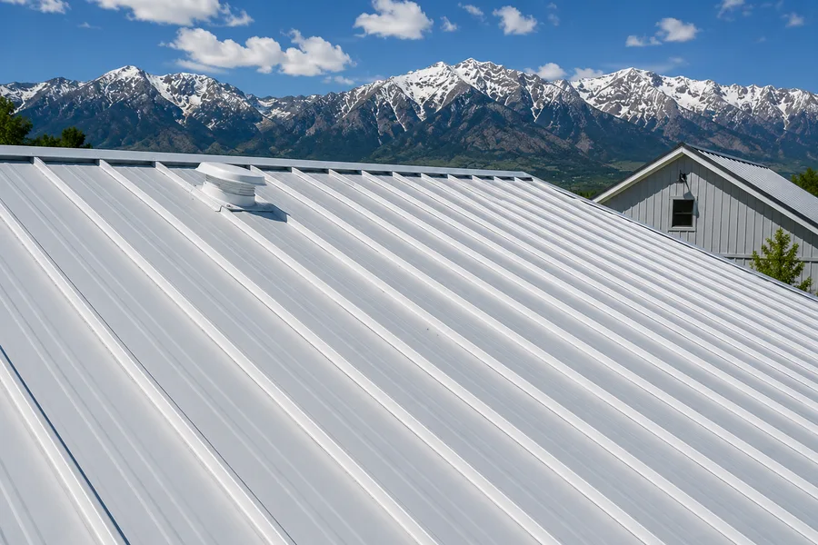 A white ribbed R-panel metal roof on an outbuilding, with the snow-capped Wasatch range behind it