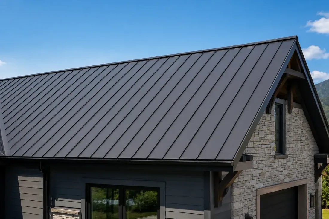 A charcoal standing seam metal roof with tall vertical seams on a modern stone-and-siding home
