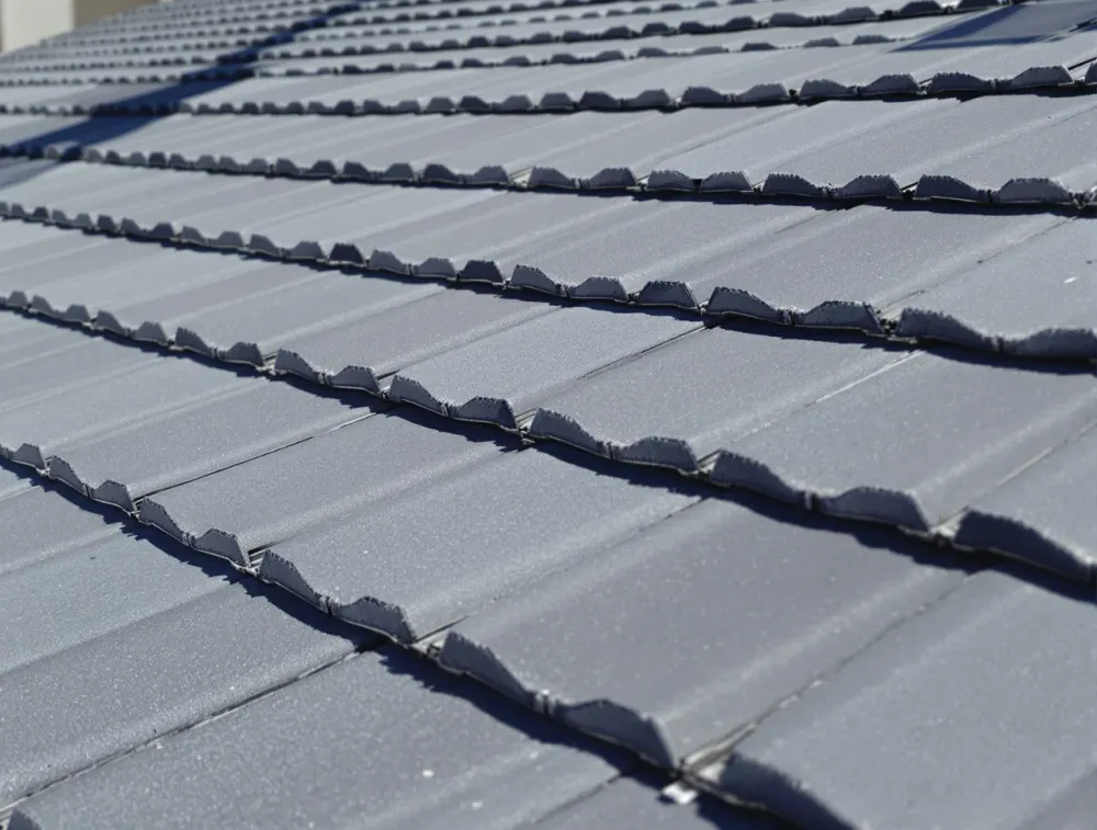 Close-up of a flat, slate-gray concrete tile roof laid in clean straight rows