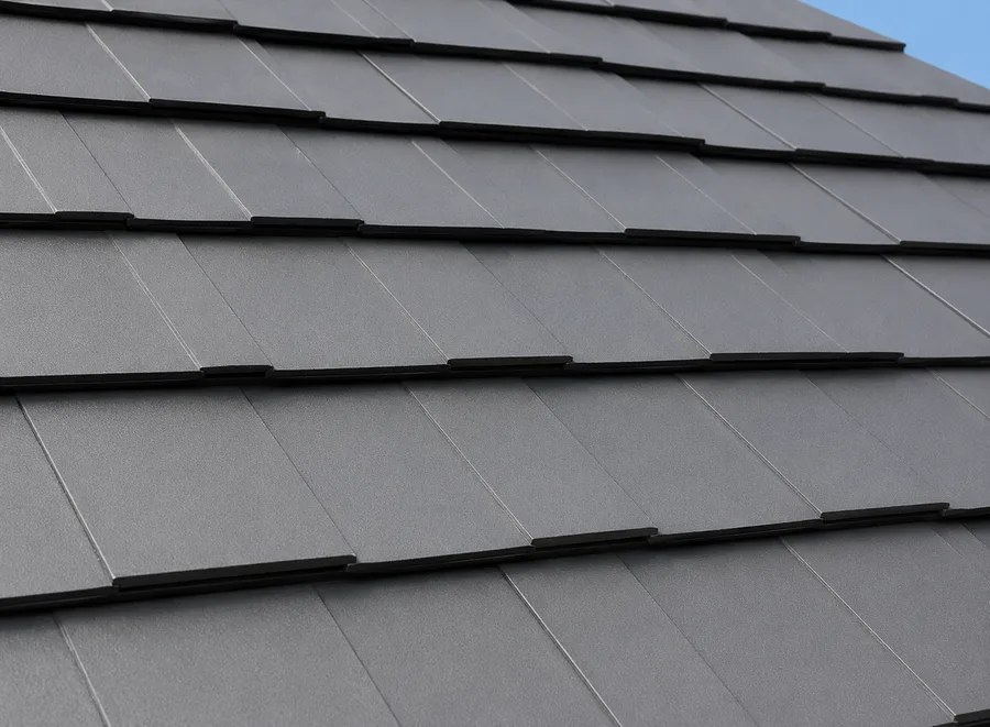 Close-up of charcoal metal shingles laid in overlapping rows across a sloped roof