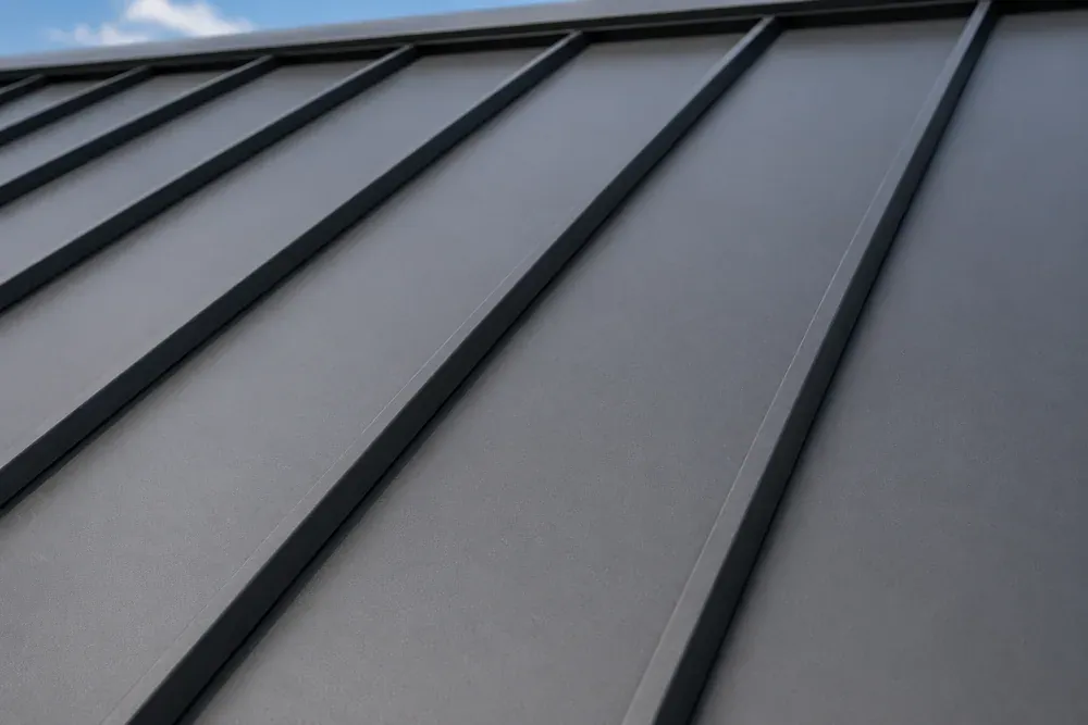 Close-up of a charcoal standing seam metal roof showing tall vertical raised seams
